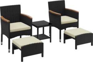 Yaheetech 5 Piece Patio Conversation Set, Outdoor Wicker Bistro Furniture, PE Wicker Outdoor Rattan Chairs Set with Coffee Table for Porch, Poolside, Lawn, Garden, Balcony