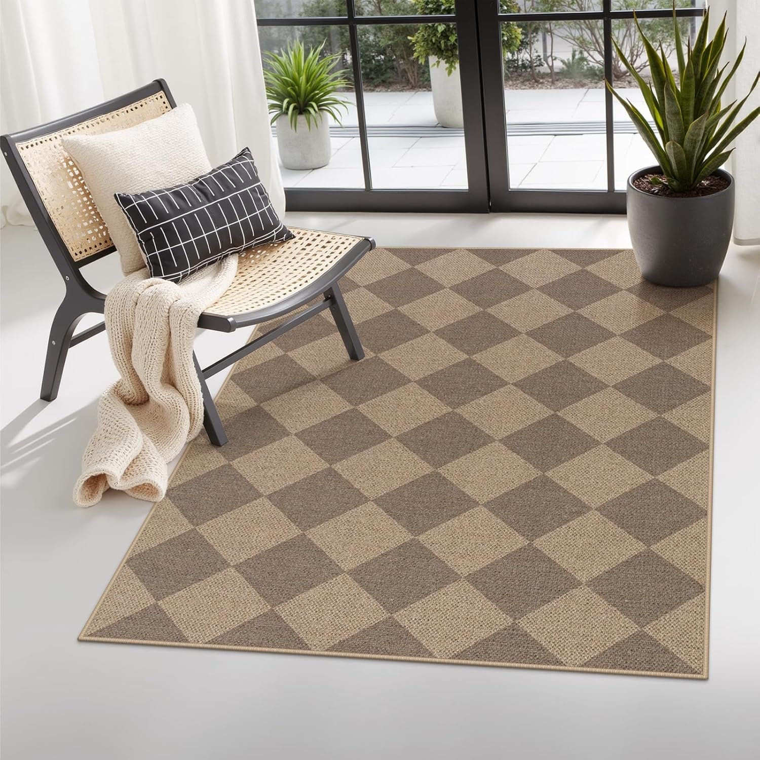 Lahome Checkered Easy Jute Indoor Outdoor Rug, 3×5 Washable Nature Rug for Entryway Living Room Indoor, Farmhouse Non Slip Checkerboard Carpet for Entry Guestroom Deck