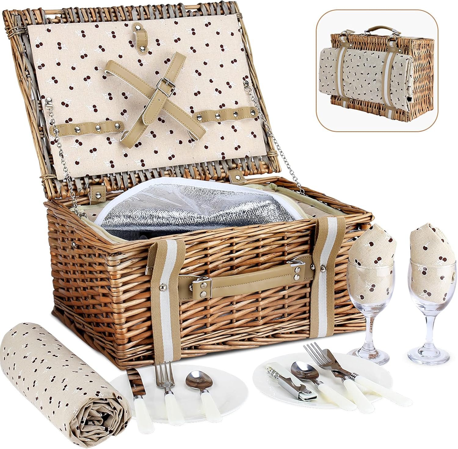 Willow Picnic Basket Set for 2 Persons with Large Insulated Cooler Bag and Waterproof Picnic Blanket, Wicker Picnic Hamper for Camping,Outdoor,Birthday