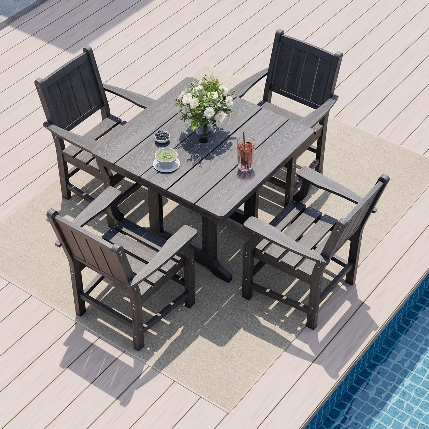 Pamapic 5 PCS Outdoor Dining Set, Spacious HDPE Outdoor Table and Chairs, Wood Grain Patio Furniture Sets with Elegant Armrest, All-Weather Patio Dining Table with Umbrella Hole, Gray