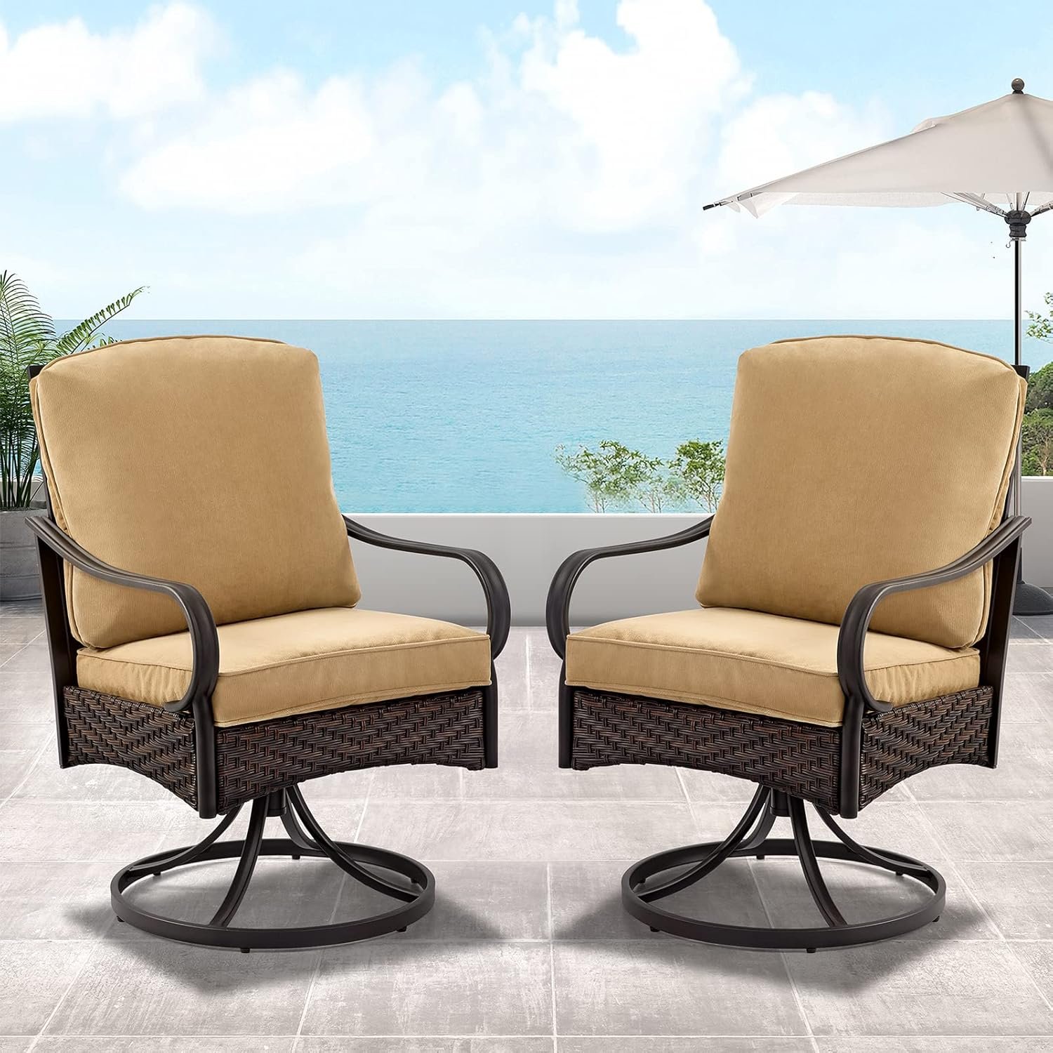 EROMMY Patio Dining Chairs Set of 2, Outdoor Swivel Rocker Patio Chairs with Cushion, Wicker Patio Chairs for Garden, Backyard, Balcony, Khaki