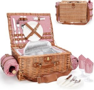 Picnic Basket for 2, Picnic Baskets with Waterproof Blanket, Picnic Hamper Set with Washable Beach Mat & Large Insulated Cooler Compartment, Handmade Natural Wicker Hamper for Camping, Outdoor Party