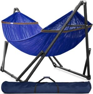 Tranquillo Hammock 600 lbs Capacity, Instant 20s Foldable Hammock Stand, 3-Year Warranty Hammock with Stand, 2 Person Camping Hammock Revolutionary Portable, No Screws, Premium, Blue