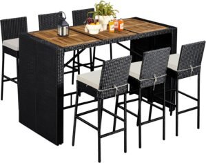 Yaheetech 7 Piece Patio Dining Set Outdoor Acacia Wood Bar Table and Chairs with Removable Cushions, Wicker Furniture Set for Deck, Backyard, Garden, Black/Beige