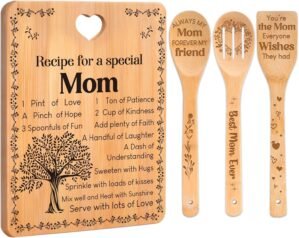 Mothers Day Gifts – “Recipe for a Special Mom” Mothers Day Gifts for Mom Cutting Board Set, Bamboo-Made Engraved Utensil Set Mom Birthday Gifts