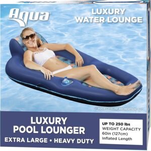 Aqua Luxury Water Pool Lounge – Extra Large – Inflatable Pool Floats for Adults with Headrest, Backrest, Footrest & Cupholder – Multiple Colors/Styles