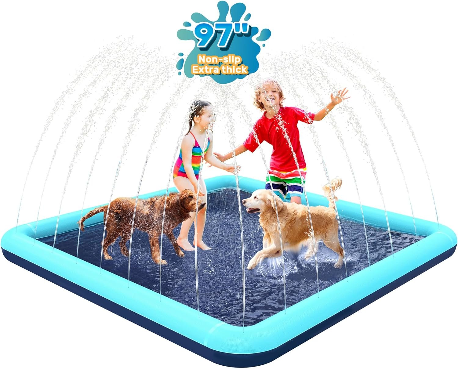 97” Splash Pad for Dogs, Non-Slip Sprinkler for Kids, Square Splash Pad for Kids Ages 4-8, Splash Pads for Toddlers 1-3, Dog Sprinkler Shallow Pool, Outdoor Water Toys for Backyard, Teal