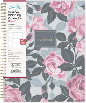 Blue Sky 2025-2026 Weekly and Monthly Academic Year Planner Calendar, July 2025 – June 2026, 8.5″ x 11″, Flexible Cover, Wirebound, Storage Pocket, Laminated Tabs, Roosevelt Pink