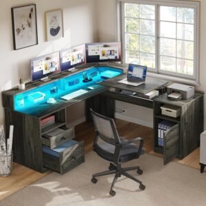 YITAHOME L Shaped Desk with Power Outlets & LED Lights, 60” Corner Computer Desk with Drawers & Lift Top, Home Office Desk with Monitor Stand & File Cabinet, Wood Height Adjustable Desk, Grey