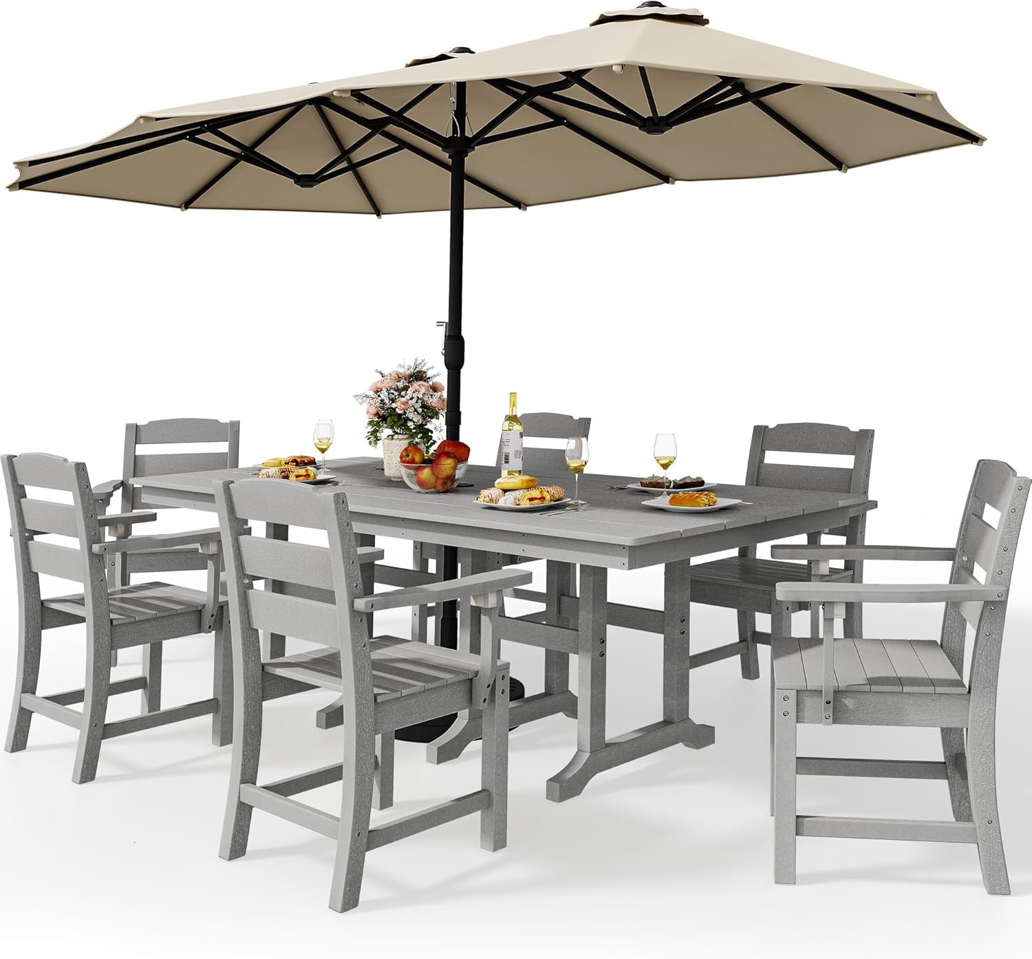YITAHOME 8 Piece Patio Dining Set w/13 ft Double-Sided Patio Umbrella, HDPE Outdoor Dining Set w/71 Rectangular Patio Dining Table & 6 Dining Chairs, All Weather for Deck Lawn Porch,Gray