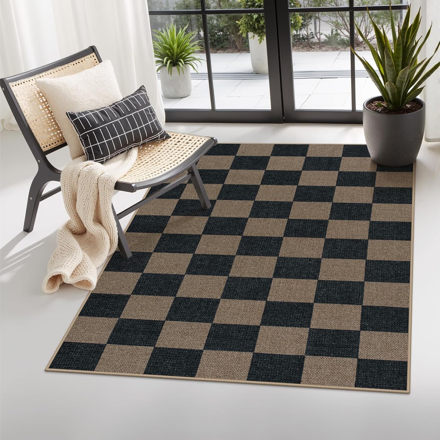 Lahome Checkered Easy Jute 3×5 Rug, Washable Rugs for Living Room Entryway Farmhouse Non Slip Black Outdoor Carpet, Checkerboard Indoor Door Mat for Entry Patio Deck