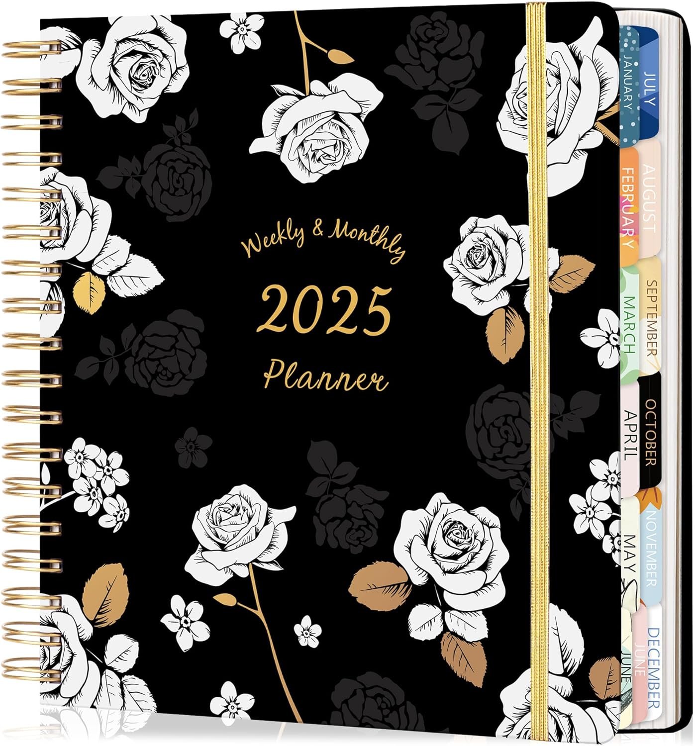 CAGIE 2025 Planner, Planner 2025 Weekly and Monthly, January 2025 – December 2025, 8.3″ x 9.3″, 2025 Hardcover Planner Spiral Bound, 12 Monthly Tabs, Elastic Closure, Stickers