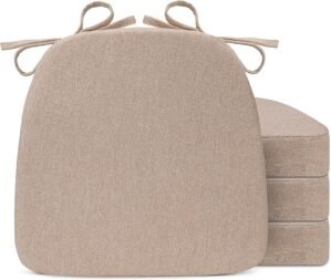 Chair Cushions for Dining Chairs, D-Shaped Seat Cushions with Removable Washable Cover and Ties, Chair Pads for Kitchen, Indoor Dining Room, Patio Chairs, 17” x 16”, Set of 4, Khaki