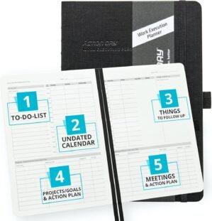 Action Day Undated Weekly, Monthly Planner, Designed to Get WORK Done – To-Do List, Projects List, Meeting Notes & Action Items – Perfect for Office & School, Pocket, Lay-Flat Binding, 7×9, Black
