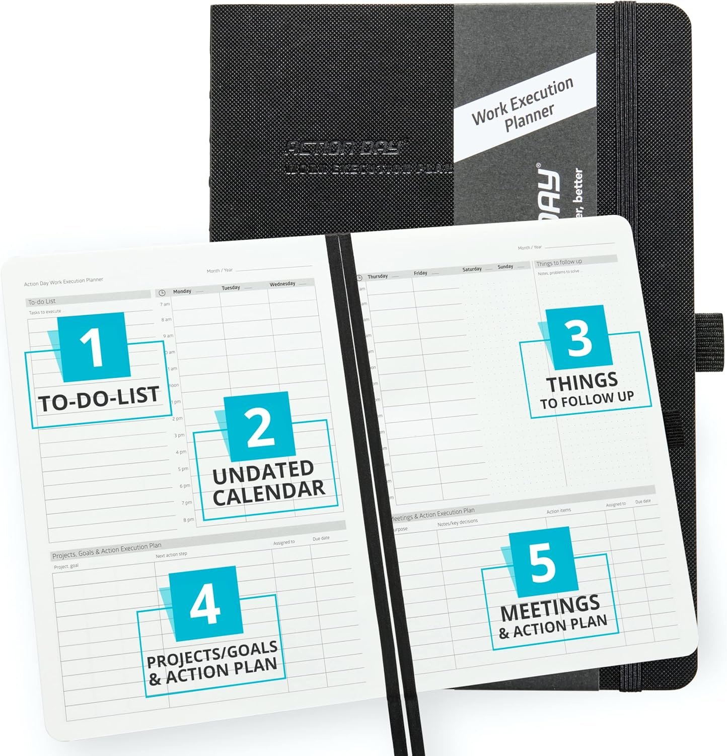 Action Day Undated Weekly, Monthly Planner, Designed to Get WORK Done – To-Do List, Projects List, Meeting Notes & Action Items – Perfect for Office & School, Pocket, Lay-Flat Binding, 7×9, Black