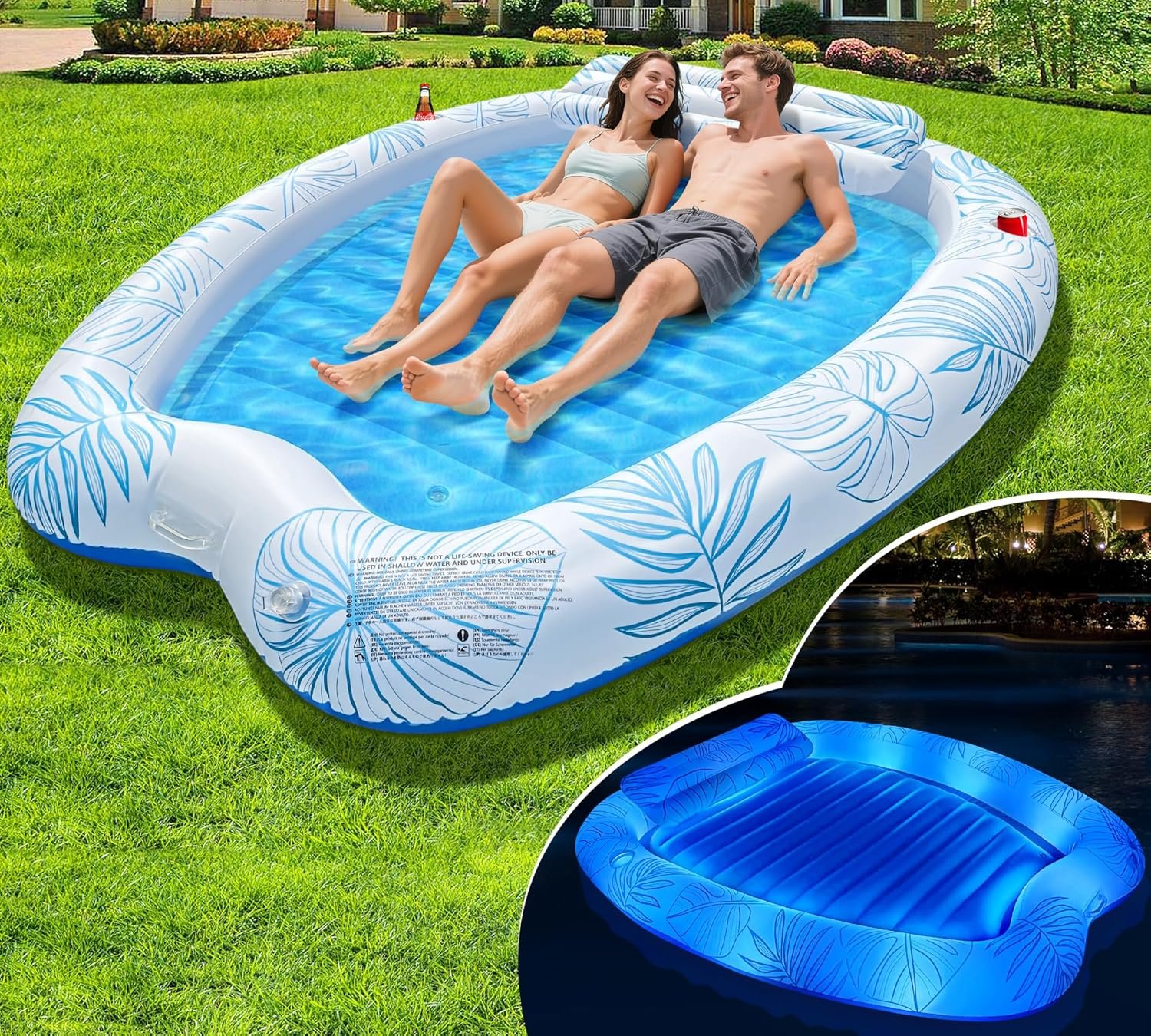 2 Person Inflatable Tanning Pool Lounger Float, Solar Powered Inflatable Tanning Bed Float with Colorful Light, Sunbathing Pool Tanning Floats for Adult with Cup Holder,Suntan Tub Pool Floats