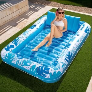SLOOSH Inflatable Tanning Pool Lounger Float, 85″ x 57″ Extra Large Pool Floats Adult with Pillow, 4 in 1 Suntan Tub Raft Floatie,Sunbathing Bed Lounge for Water Blow Up Ball Pit Party Gifts, XL-Blue