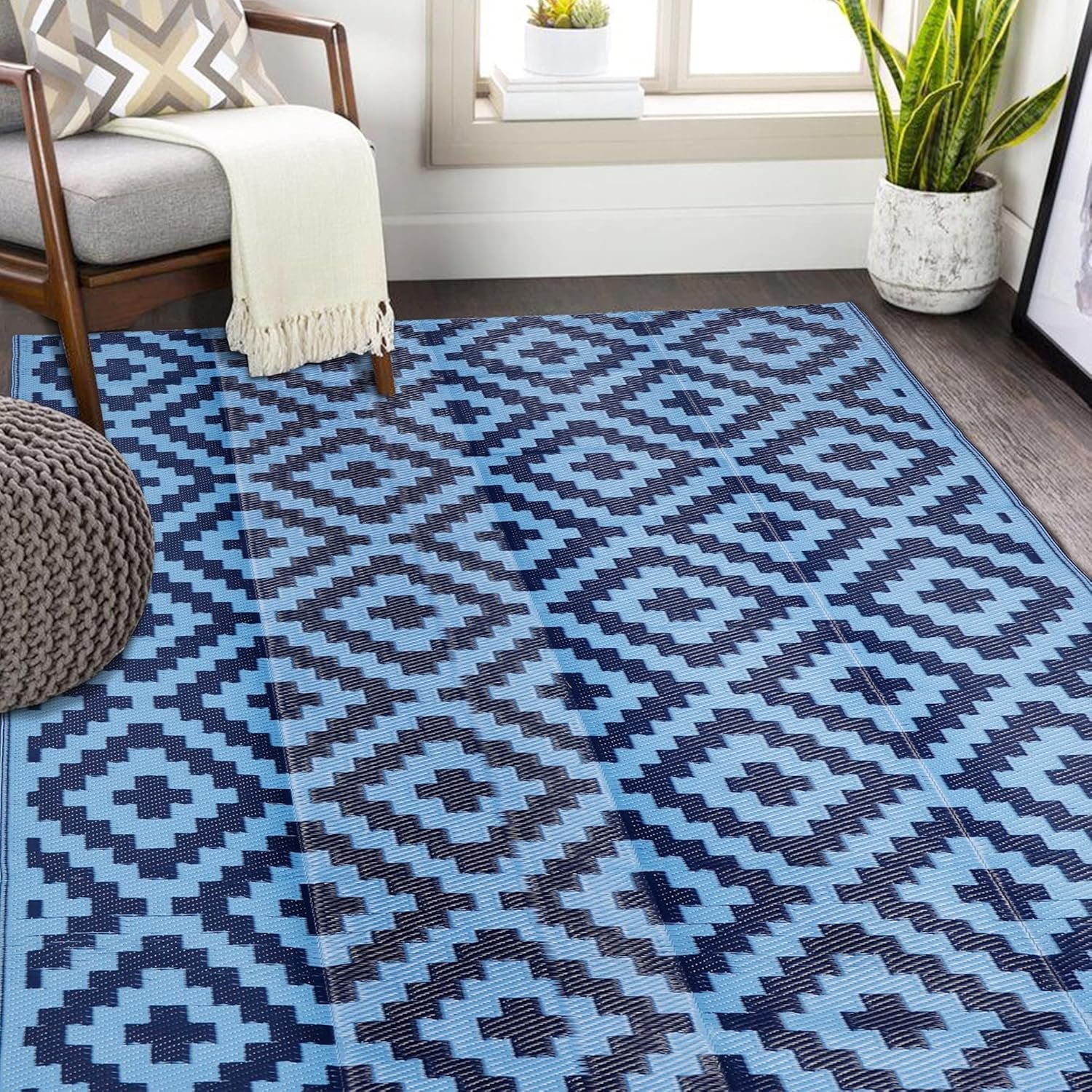 SAND MINE Reversible Mats, Plastic Straw Rug, Modern Area Rug, Large Floor Mat and Rug for Outdoors, RV, Patio, Backyard, Deck, Picnic, Beach, Trailer, Camping, Blue, 5′ x 8′