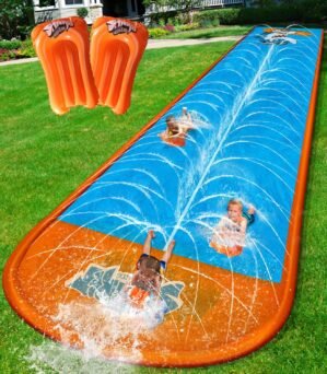 Slip Water Slide, 22ftx5ft Slip Water Slide for Kids Backyard Lawn,Summer Water Toys Outdoor Sprinkler with 2 Sliding Racing Lanes and 2 Inflatable Bodyboards
