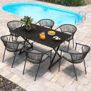 YITAHOME 7 Piece Patio Dining Set, Stackable Chairs with Comfortable Cushions, 59″ Rectangle Tables with Metal Frame and Faux Wood Tabletop for Patio Balcony Porch Poolside Lawn Garden, Black
