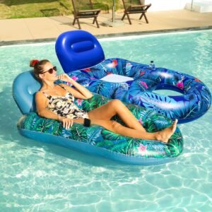 FindUWill Pool Floats Chairs Adult – 2 Pack 65” x 42” Large Pool Float Chairs, Inflatable Pool Lounger with Cup Phone Holder, Backrest, Footrest, Tanning Pool Lounge
