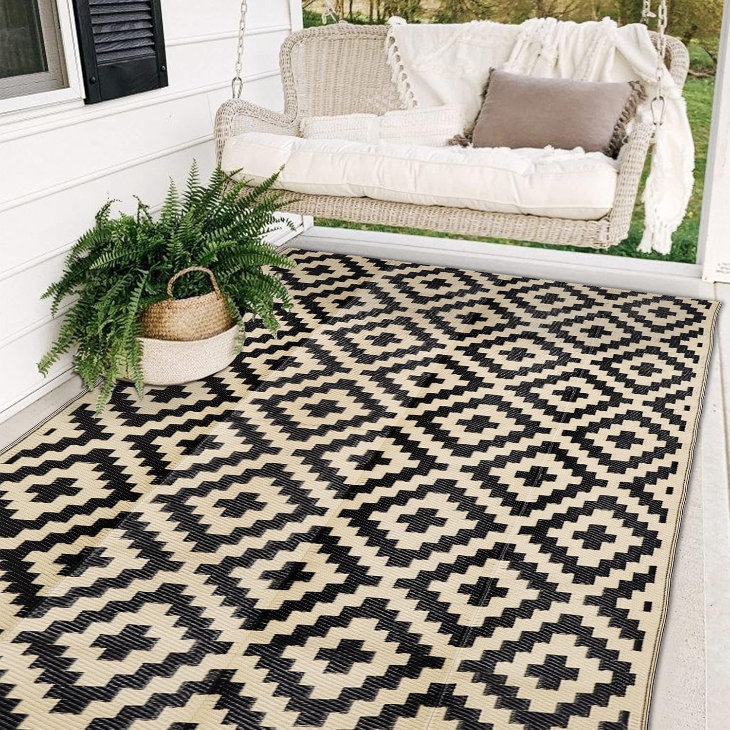 SAND MINE Waterproof Outdoor Rug 5×8 ft, Plastic Reversible Rug, Modern Area Rug, Large Floor Mat for Outdoors, RV, Patio, Backyard, Deck, Picnic, Beach, Camping, Black & Beige
