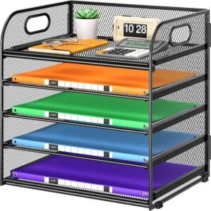 5 Tier Paper Organizer with Handle, Metal Mesh Desk Organizer File Folder Paper Letter Tray Desktop Document Sorter for Classroom, School, Office Accessories Organization and Storage – Black