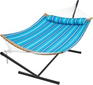 SUPERJARE Hammock with Stand, 2 Person Heavy Duty Hammock Frame, Detachable Pillow & Strong Curved-Bar & Portable Carrying Bag, Perfect for Outdoor & Indoor-Aqua Blue