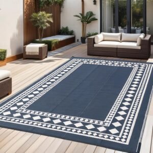 RURALITY Outdoor Rugs 5×8 Waterproof for Patios Clearance,Plastic Straw Mats for Backyard,Porch,Deck,Balcony,Black and Beige