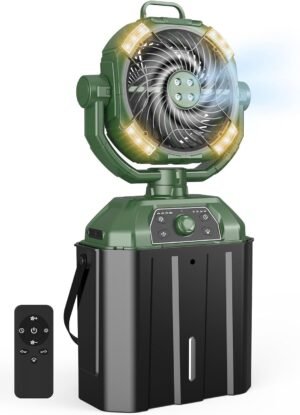 Misting Fan Portable 6L Bucket 20000mAh Rechargeable Camping Fan with LED Lantern Light Remote & Hook Floor Battery Powered Cooling Outdoor Fans for Patios Camping, 4 Spray Mister, Green