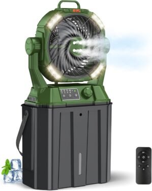 Misting Fan with Portable 6L Bucket for Outdoor Patios, 20000mAh Rechargeable Mister Fan for Camping with LED Light, 4 Spray Mister, Remote Controller Green