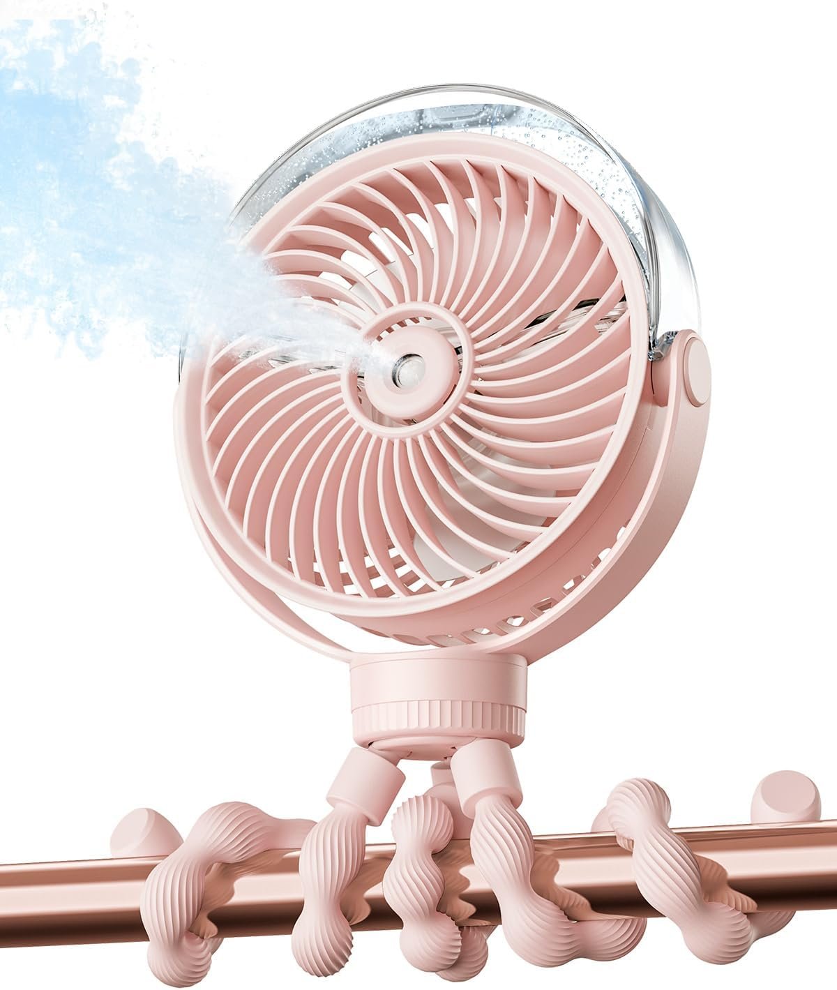 SWEETFULL Misting Stroller Fan – Portable Baby Fan with Spray Cooling, 4 Speeds, Quiet Rechargeable Fans for Travel, Outdoor, Golf Cart, Car Seat, Beach (Pink)