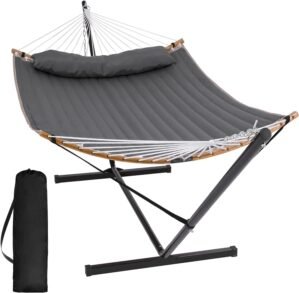 SUNCREAT Double Portable Hammock with Stand, 2 Person Hammock with Curved Spreader Bar, Balance Ropes Included, Dark Gray