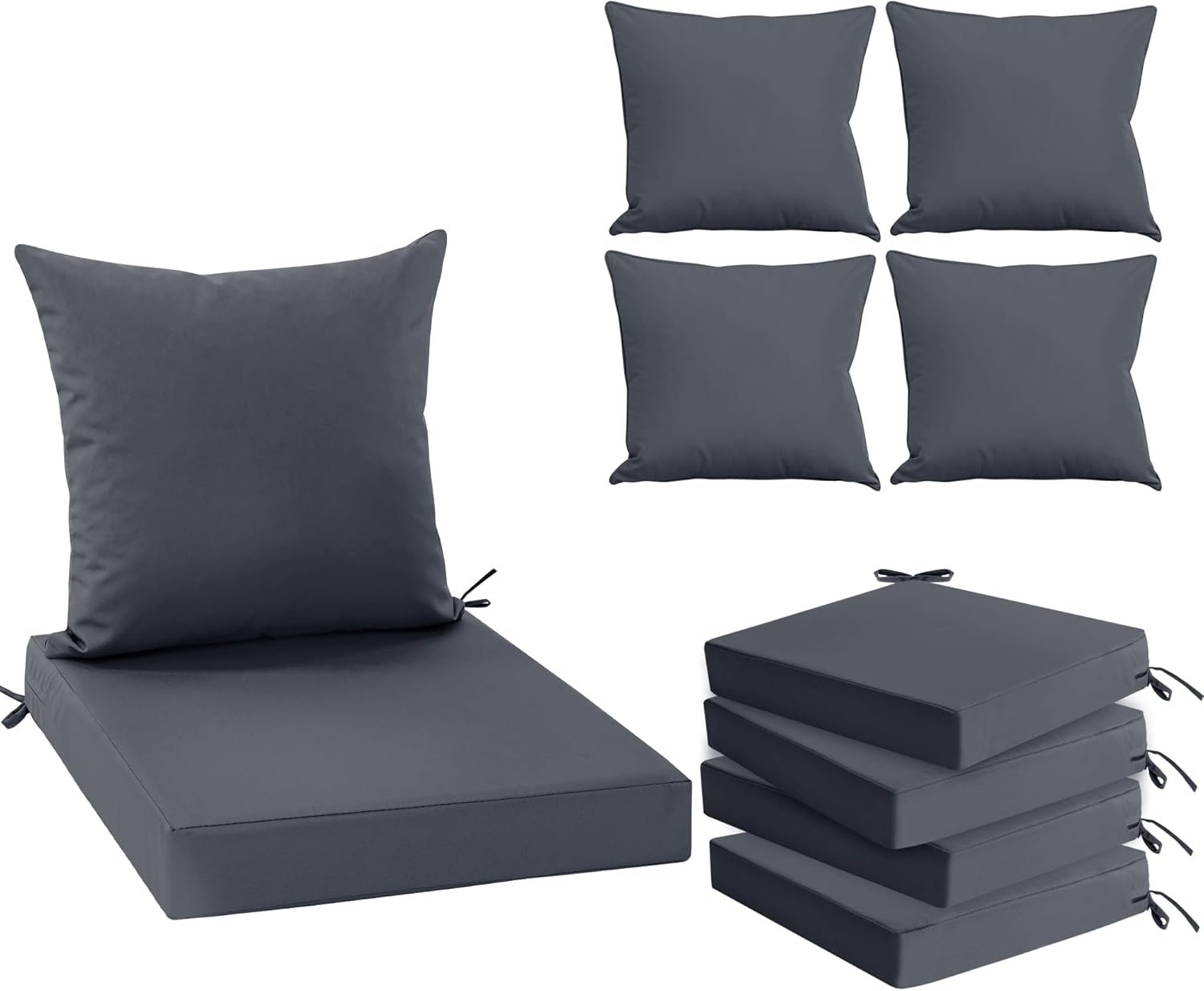 Patio Chair Cushions Set of 4, Water Resistant Backrest Pillow and Seat Cushion Set for Outdoor Furniture, 24 x 24 Inch, Dark Grey