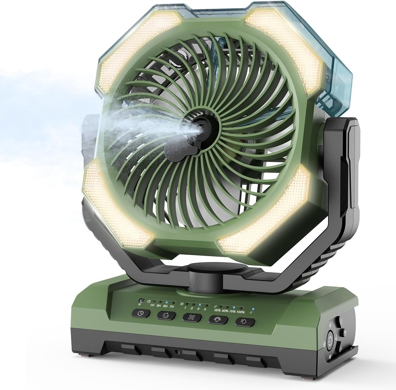 Camping Misting Fan – Portable Rechargeable Fan with 9oz Tank, Light, Hook – Battery Power 120H MAX Working, Fast Cooling, 4 Speed, Timer, Sleep Mode, for Outdoor, Travel, Patios, Beach