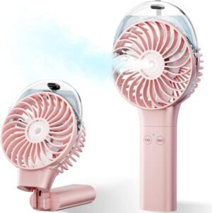 PANERGY Handheld Misting Fan, Rechargeable Portable with Mist, Foldable Mini Fan for Women Men Girl Travel Makeup Outdoor Office-Pink