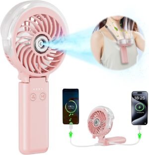 HandFan 5200mAh Handheld Misting Fan with Portable Charger, 34ml Water Tank, Rechargeable Personal Mister Fan, Spray Water Mist Fans, Electric Mini Hand Fans for Beach Travel Outdoors(Pink)