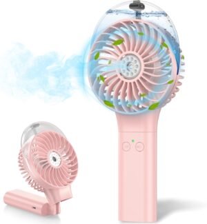 MORECORE Portable Misting Fan, 180° Foldable Handheld Personal Fan with Mist Spray, 3 Adjustable Wind Speeds, USB Rechargeable for Travel Outdoors Makeup Camping Home Office (Pink)