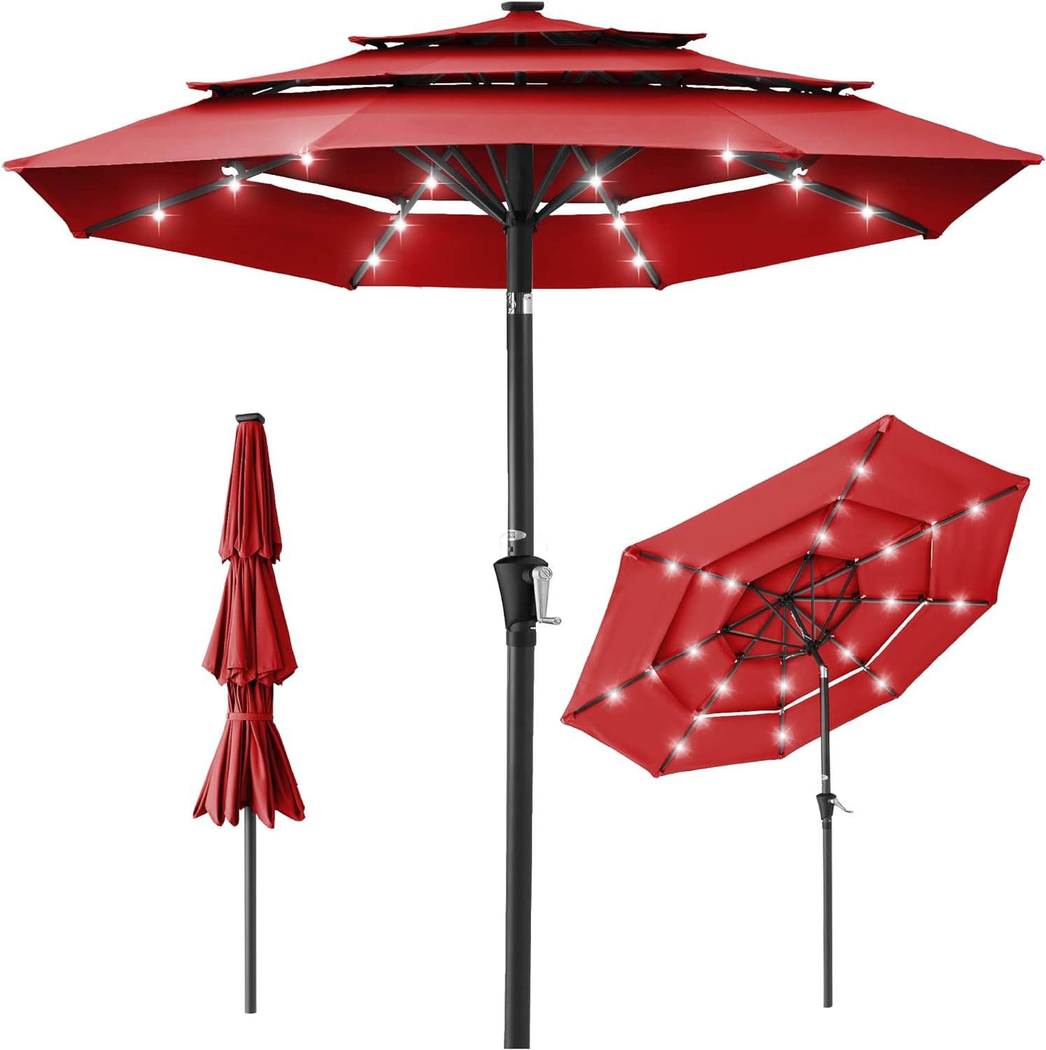 Best Choice Products 10ft 3-Tier Solar Patio Umbrella, Outdoor Market Sun Shade for Backyard, Deck, Poolside w/ 24 LED Lights, Tilt Adjustment, Easy Crank, 8 Ribs – Red
