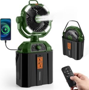 Odoland Portable Camping Fan with LED Light, 30000mAh Rechargeable Battery Operated Oscillating Fan with Remote & Hook, 6L Bucket Misting Fan for Outdoors Patios,Travel,Jobsite, Green