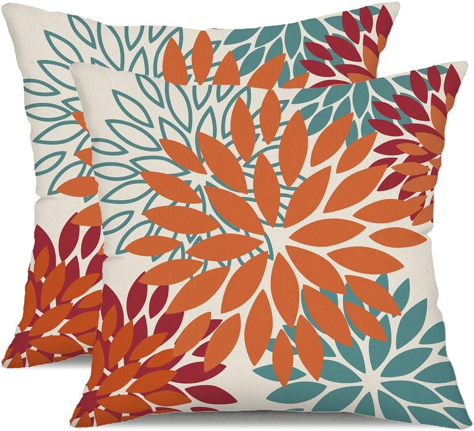 DFXSZ Orange Teal Red Flower Pillow Covers 18×18 Inch Set of 2 Fall Throw Pillows Outdoor Waterproof Decor for Living Room Sofa Patio Funiture Garden Floral Polyester Pillow Covers 002Y18