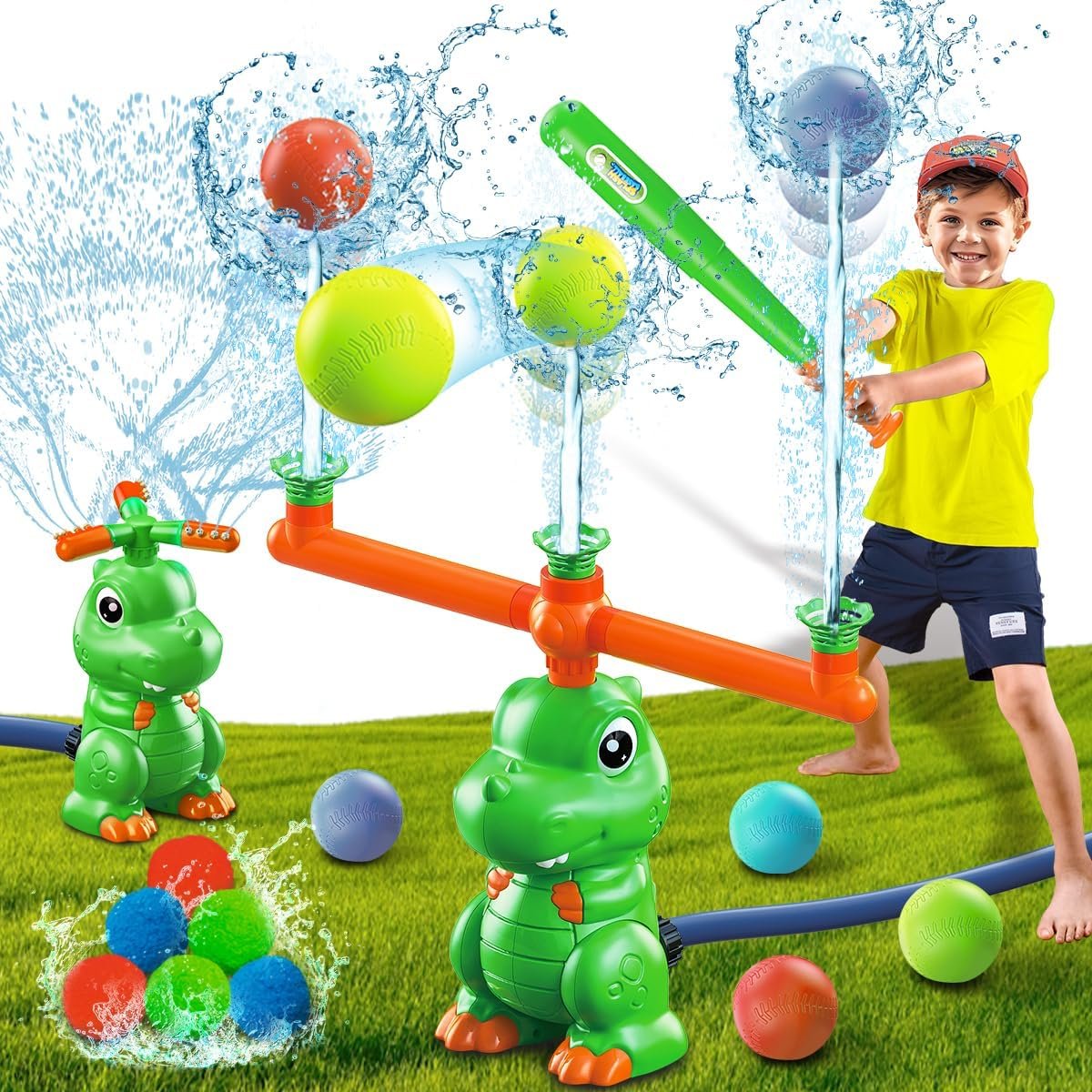 4-in-1 Dinosaur Water Sprinkler Baseball Toys,360° Spinning Water Play Game, Water Baseball, Water Splashing Toy for Kids Outdoor, Summer Backyard Lawn Pool Party Fun for Boys Girls (Green)