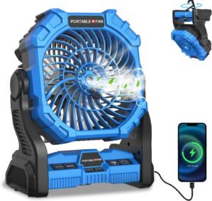 Misting Fan Portable, Camping Fan with 20000mAh Battery, 8-18H Runtime, 250mL Water Tank, RGB LED Lights, USB Output & Hanging Hook for Outdoor Indoor Cooling (Blue)