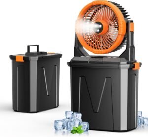Camping Misting Fan with LED Lantern, 20000mAh Rechargeable Battery Operated Fan with 3 Large Spray Outlets & Hanging Hook, 4 Speeds,Remote Control for Camping, Fishing,Travel