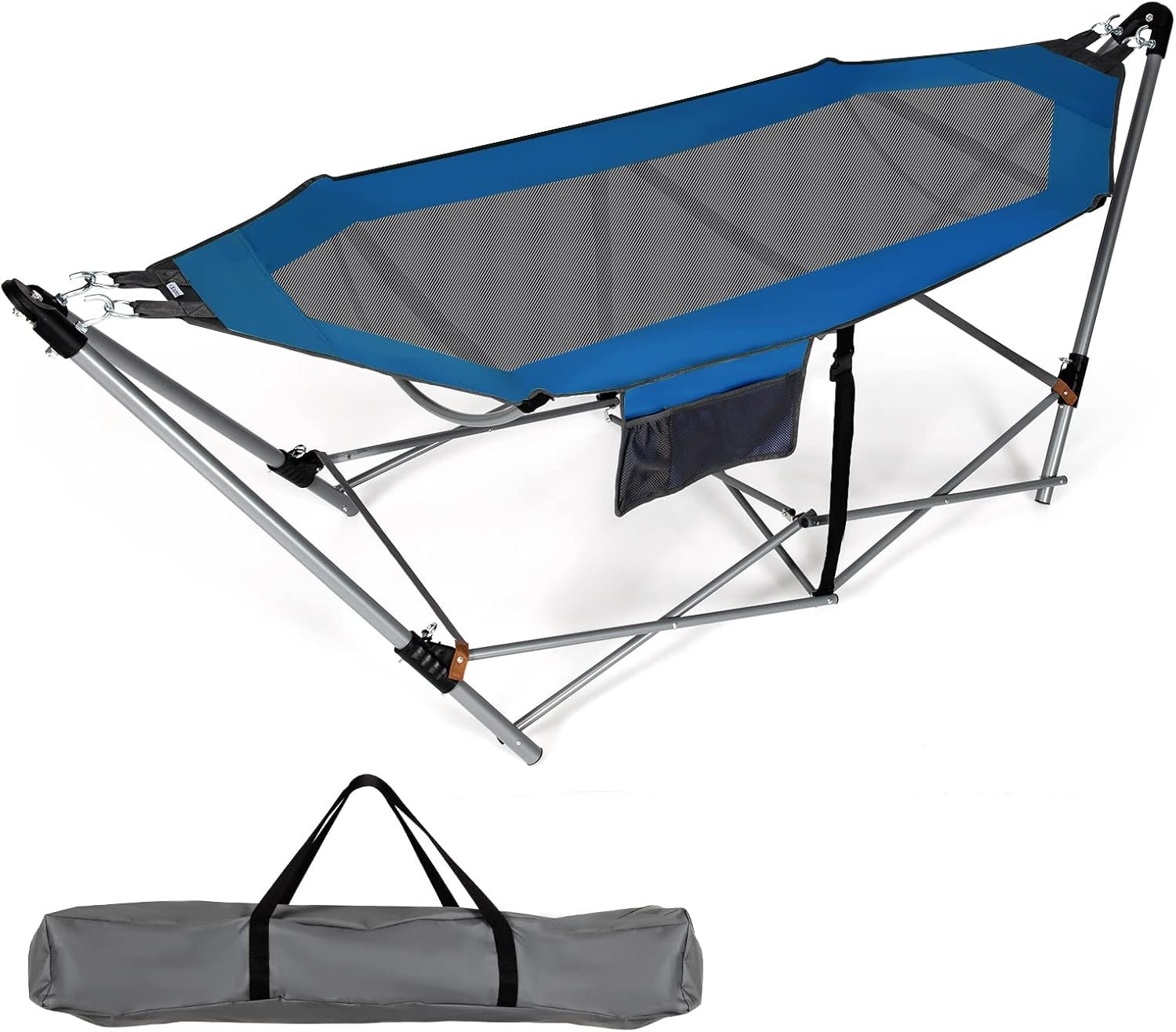 Giantex Portable Folding Hammock, Lounge Camping Bed with Hammock Stand, Indoor & Outdoor Hammocks w/Side Pocket, Anti-tip Buckles & Iron Stand for Camping Outdoor Patio Yard Beach (Blue)