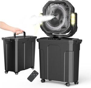 Ausic 20L 12Inch Portable Misting Bucket Fan, 30000mAh Oscillating Outdoor Fans with Remote Control, Rechargeable Battery Powered Camping Fan with Water Spray for Patios, Beach/Travel Essentials