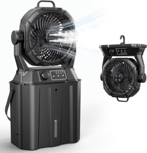 Misting Fan Portable Camping Fan 42800mAh Rechargeable with Remote Control, 3 LED Light & Stepless Speed Control & Cooling Spray with 6L Bucket, Timer Function, Portable Handle, Rotating Hanging Hook