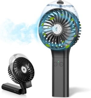 MORECORE Portable Misting Fan, 180° Foldable Handheld Personal Fan with Mist Spray, 3 Adjustable Wind Speeds, USB Rechargeable for Travel Outdoors Makeup Camping Home Office (Black)