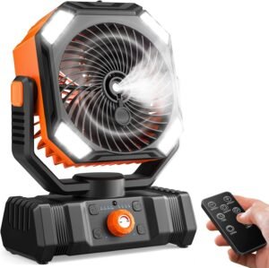 Misting Fan, Portable Outdoor Fans with Remote, 20000mAh Rechargeable Battery Portable Fan for Outdoors Patios, Camping Fans 270° Adjustable, Hanging & Lighting for Outdoor Indoor cooling