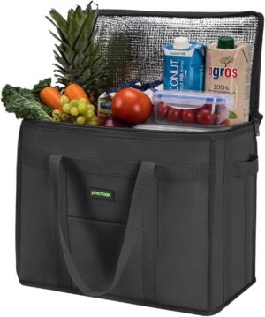 Heavy-Duty Insulated Grocery Bags & Food Delivery Bag – Collapsible Cooler Bag with Zippered Top | Reusable Shopping Bags for Groceries, Picnics, Easy Storage (XL Black)